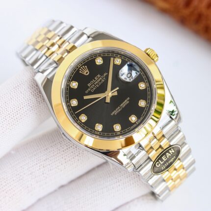 Rolex Datejust 126303 Black Diamond Dial Domed Yellow Gold Bezel Oyster/Jubilee Bracelet 904L Steel 3235 Movement 41mm Mens Watch