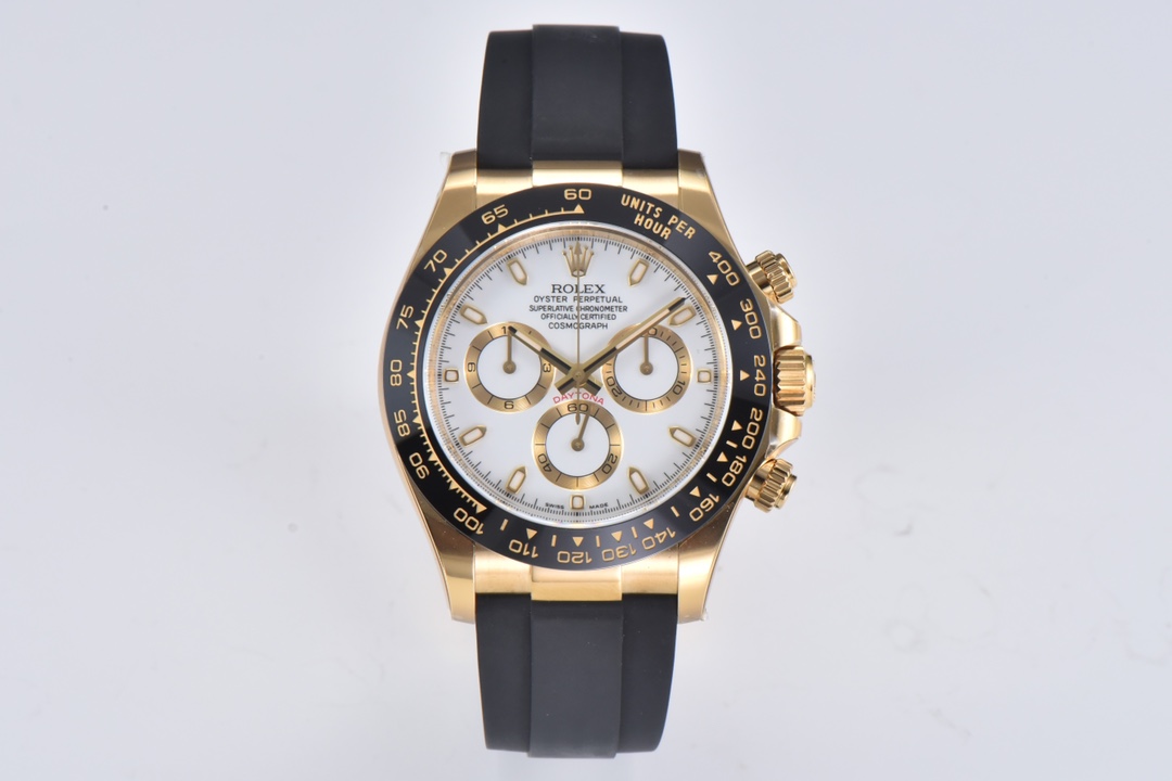 20230211_i1676065391_8688_0.jpg.jpg Rolex Daytona Chronograph White Dial Black Ceramic Bezel Yellow Gold Case Black Rubber Strap 7750/4130 Movement - Image 1