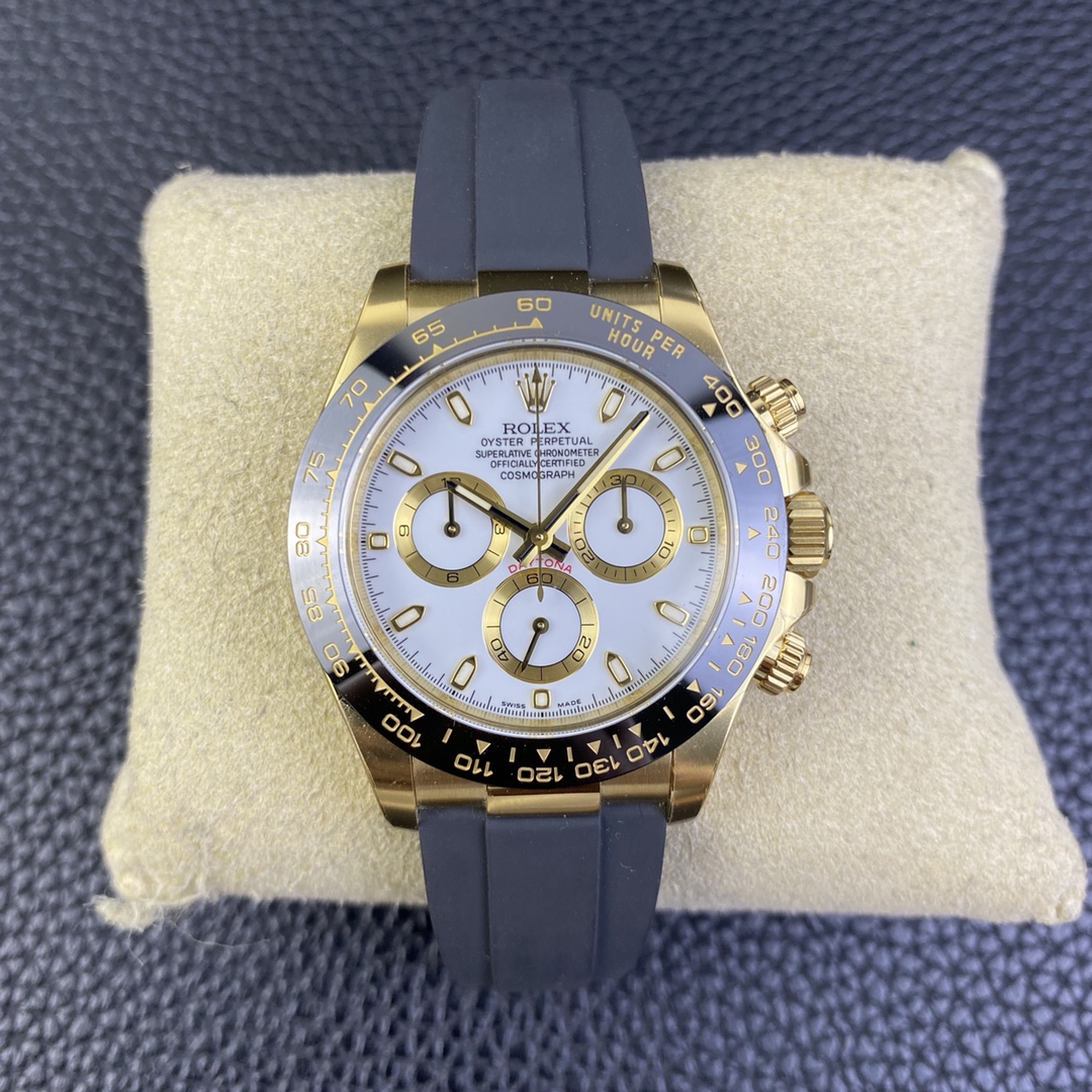 i1677321217_1318_0.jpg Rolex Daytona Chronograph White Dial Black Ceramic Bezel Yellow Gold Case Black Rubber Strap 7750/4130 Movement - Image 1