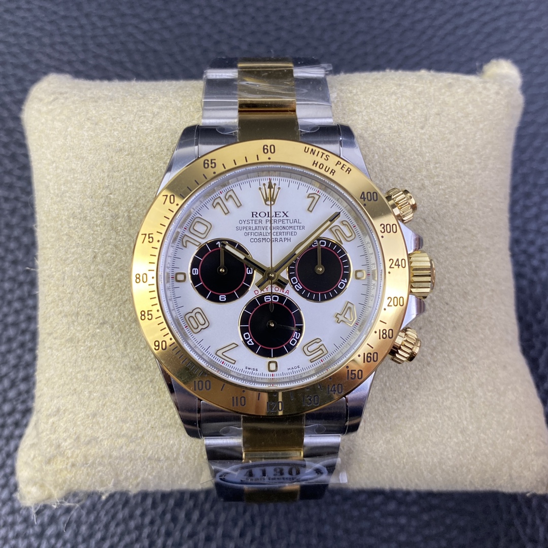 i1679408925_1659_0.jpg Rolex Daytona Chronograph White&Black Arabic Dial Yellow Gold Bezel Stainless Steel Case Two-Tone Bracelet 7750/4130 Movement - Image 1