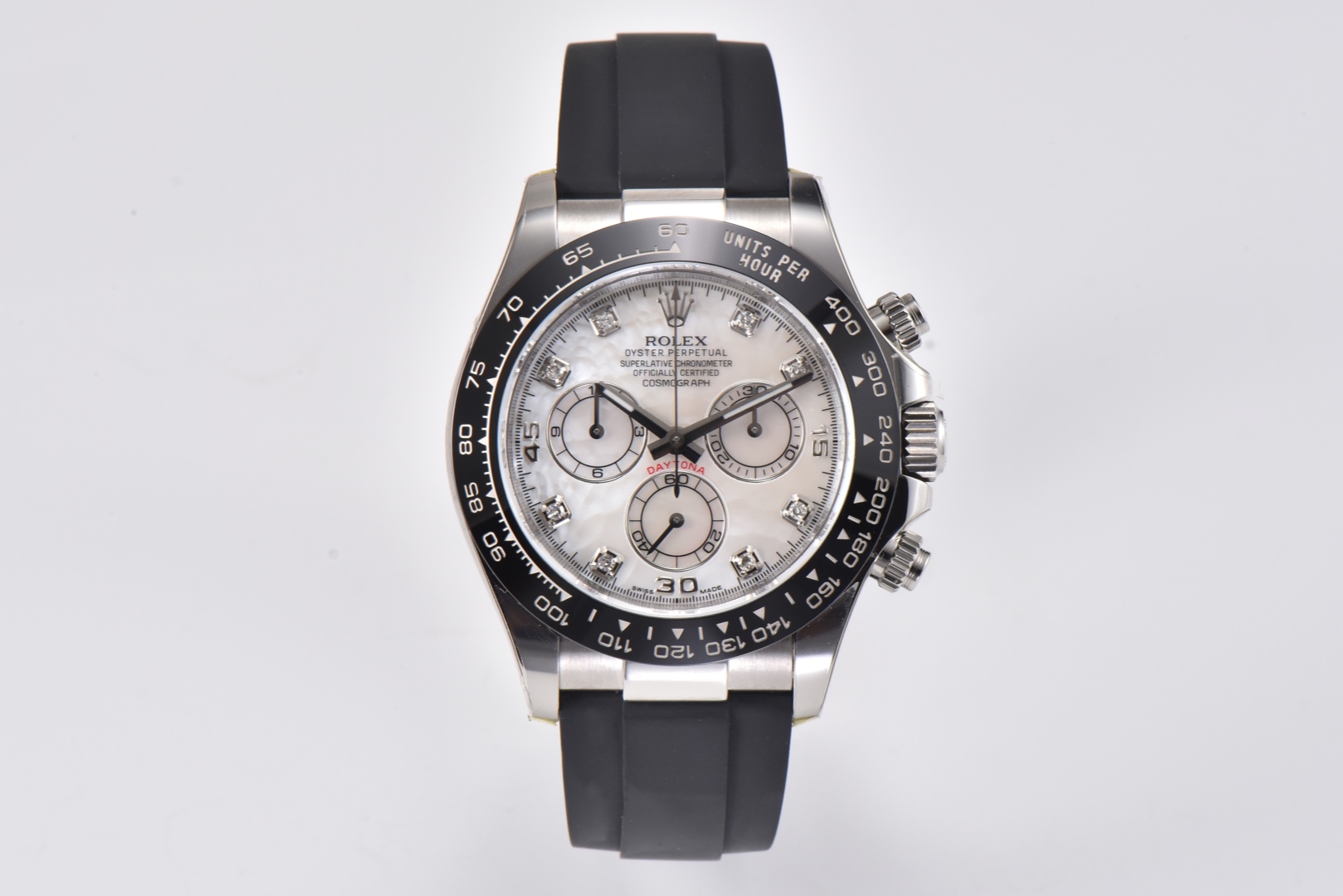 o_1ggv14lv1dcmat3rfr101sa052iv.jpg.jpg Rolex Daytona Chronograph White Mica Diamond Dial Black Ceramic Bezel Black Rubber Strap 7750/4130 Movement - Image 1